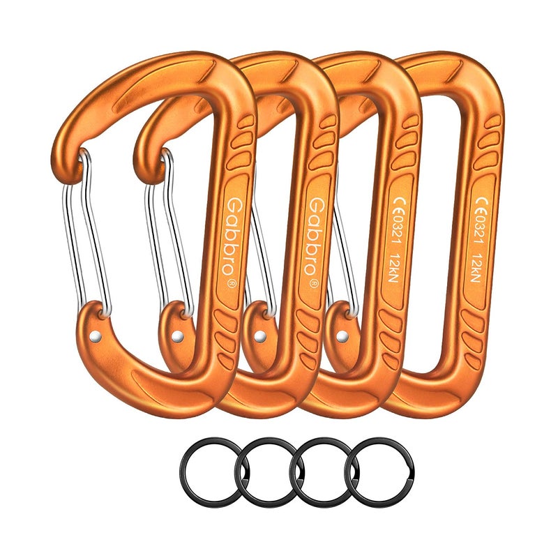 Gabbro Carabiner Clips Heavy Duty 12kN (2697 lbs), | 3.2 Inch, Aluminum, Wiregate Snap, Lightweight, 4 Pack | for Hammock, Hiking, Camping, Water Bottle, Dog Leash Harness, Keychains - Orange - Image 1